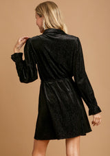 Textured Velvet Merrow Stitch Tie Belt Mini Dress Black