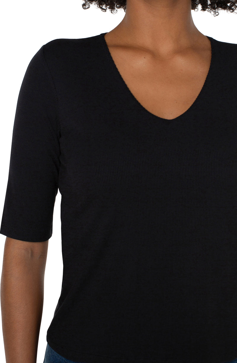 Double Layer 1/2 Sleeve Rib V Neck Top Black