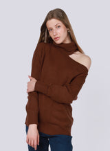 Turtleneck Cut Out Sweater Red Brown