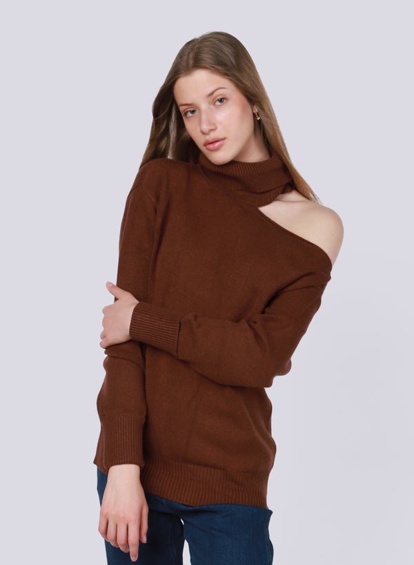 Turtleneck Cut Out Sweater Red Brown