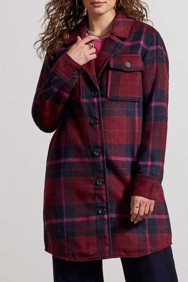 Notch Collar Plaid Long Shacket Red Plum