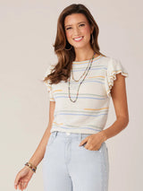 Short Flutter Sleeve Broken Stripe Sweater Top Off White