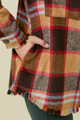 Frayed Hem Plaid Button Down Jacket Sand Mix