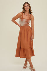 Embroidered Smock Bodice Ruched Strap Midi Dress Cinnamon
