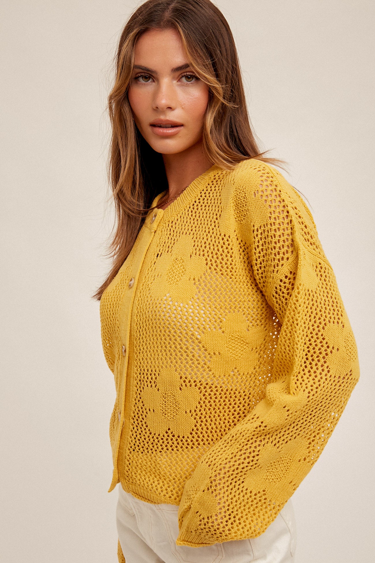 Floral Open Stitch Sweater Cardi Dandelion Yellow