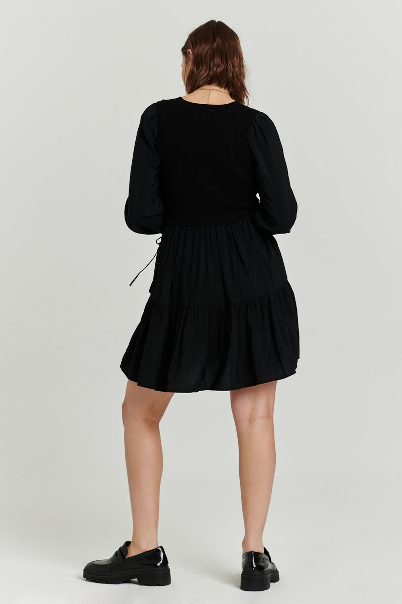 Toulouse Mix Media Tie Cuff Dress Black