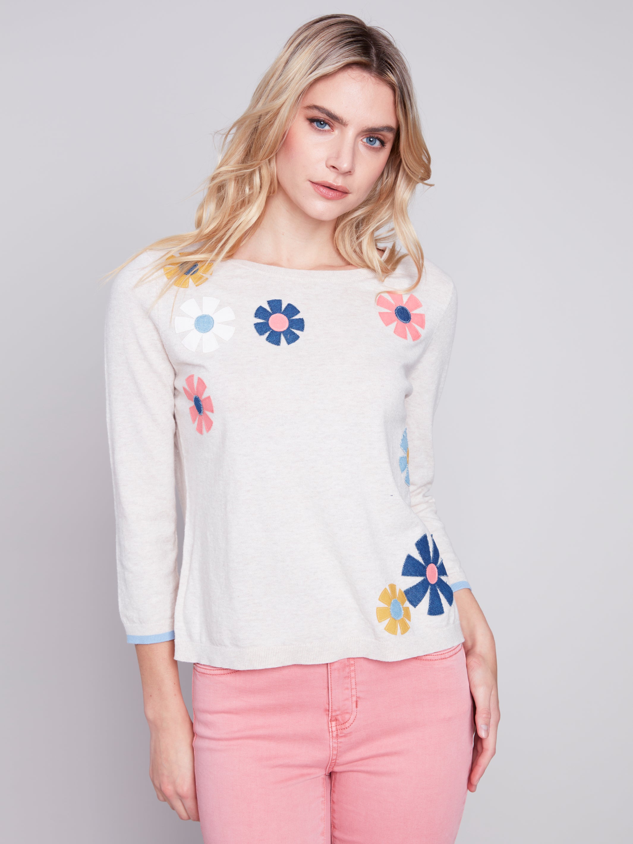 Flower Patch 3/4 Sleeve Sweater Top Heather Beige