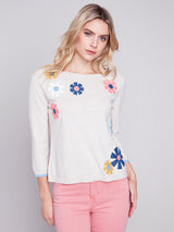 Flower Patch 3/4 Sleeve Sweater Top Heather Beige