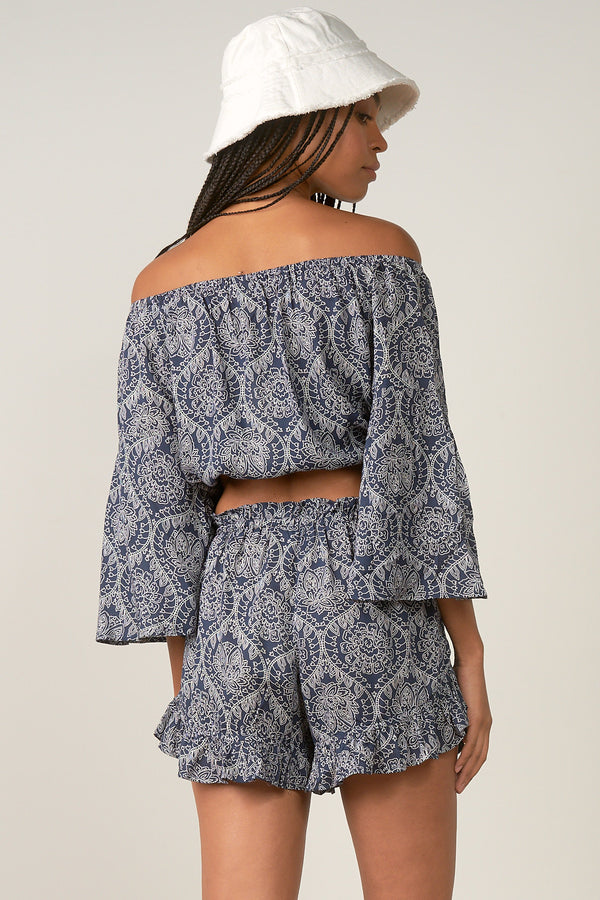 Tie Front Off Shoulder Printed Top Navy Natural Bandana