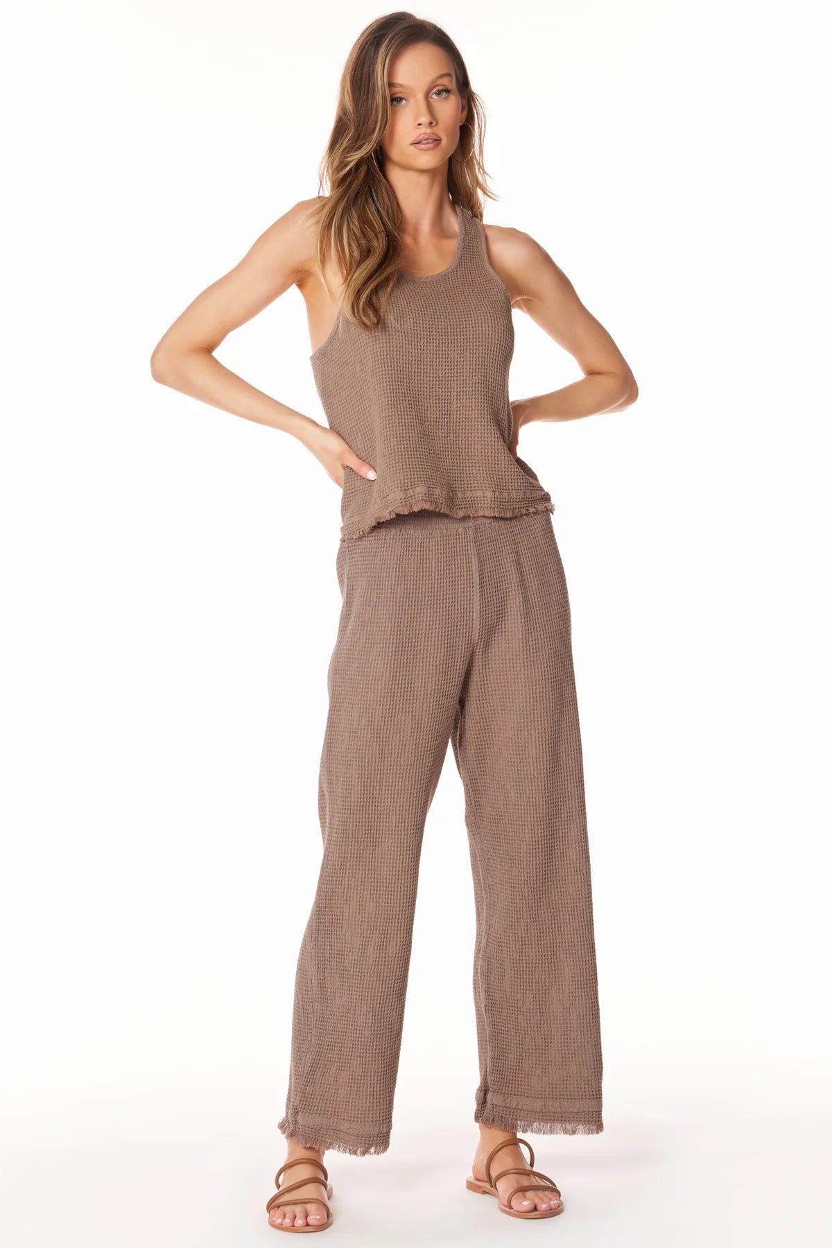 Cropped Wide Leg Fray Hem Waffle Pants Hazelnut