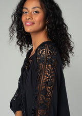 Floral Lattice Trim Split Neck Long Sleeve Blouse Black