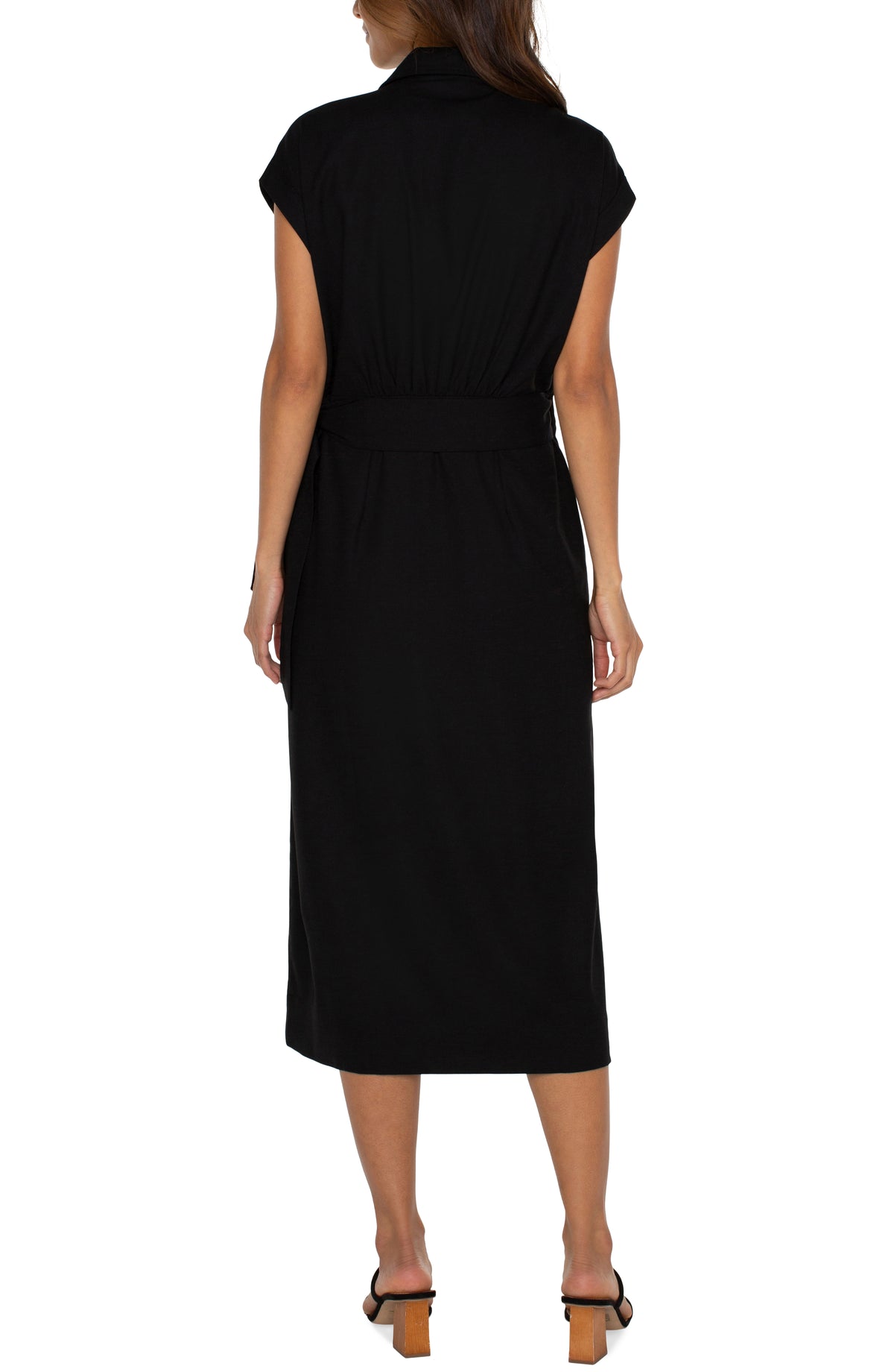Collared Tied Wrap Midi Dress Black
