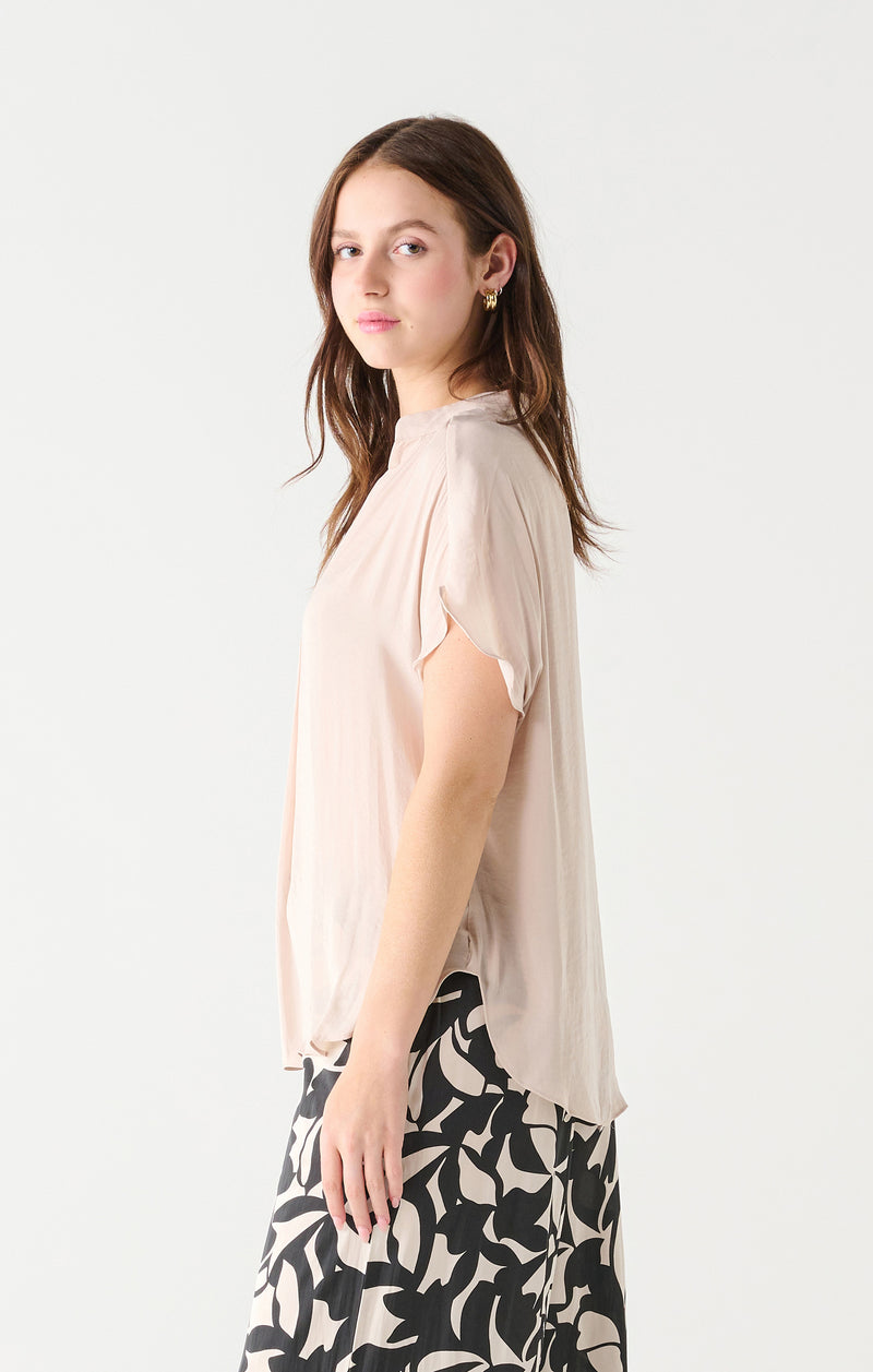 Deep V Short Sleeve Satin Top Pearl