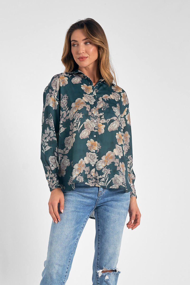 Floral Button Down Collared Shirt Green Floral