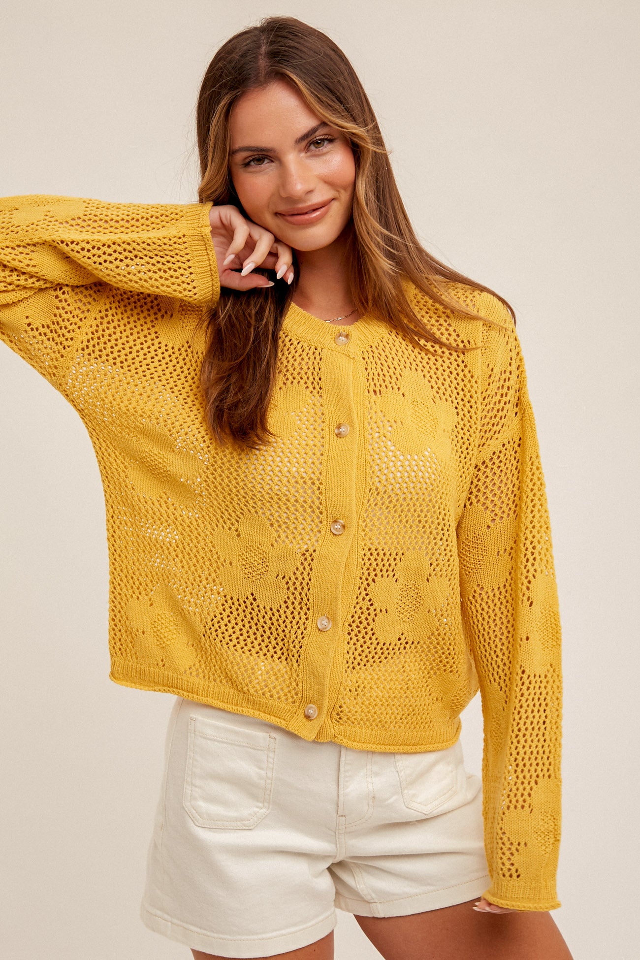 Floral Open Stitch Sweater Cardi Dandelion Yellow