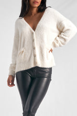 Crystal Buttoned Fuzzy Cardi Off White