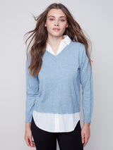 Shirt Collar Layer 2Fer Vneck Sweater Heather Snowflake