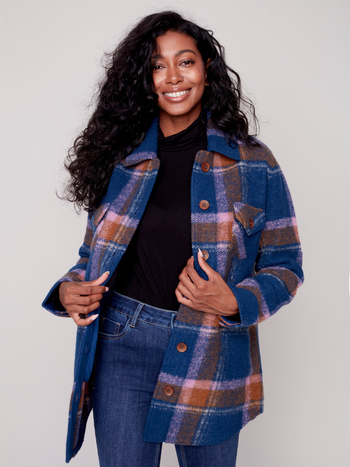 Boiled Wool Plaid Shirt Jacket Denim