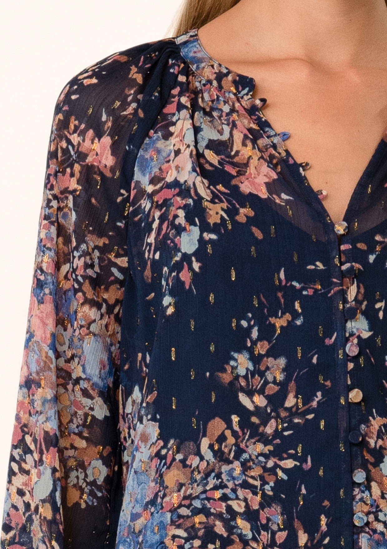 Lurex Floral Button Front Ruffle Sleeve Blouse Navy + Dusty Blue