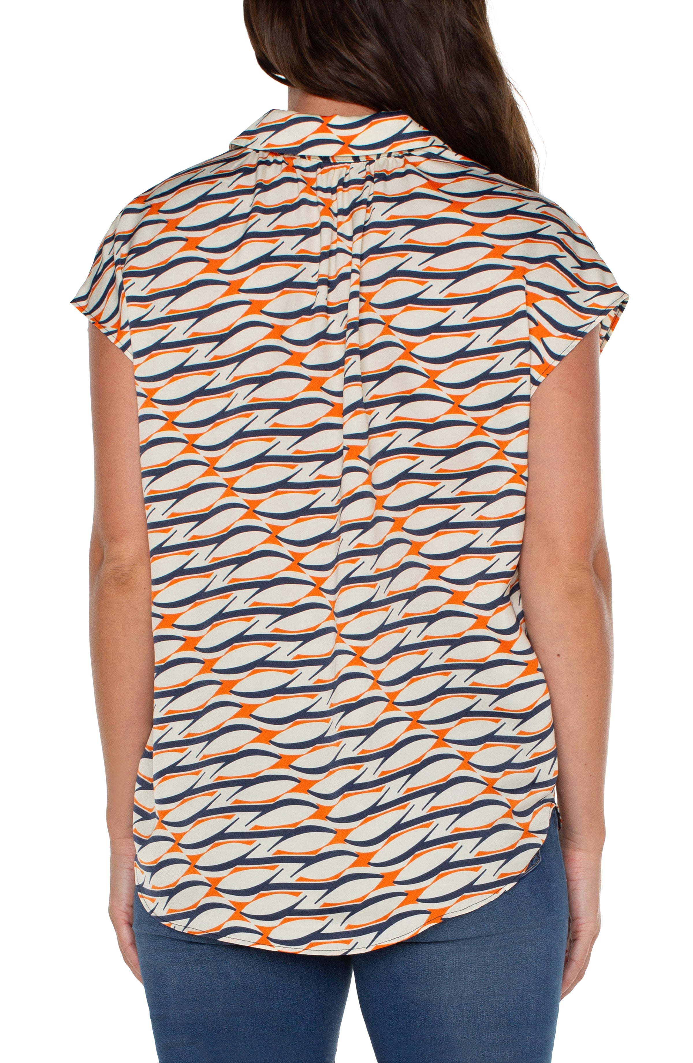 Dolman Sleeve Collared Button Down Blouse Lava Geo