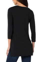 Side Slit Vneck 3/4 Sleeve Top Black