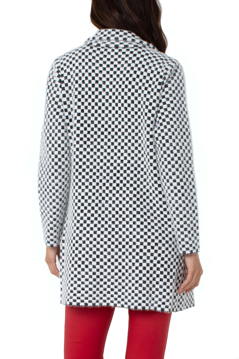 Open Front Cardigan Sweater Coat Black + White Mini Check