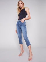 Curved Fray Hem 5 Pocket Stretch Jeans Medium Blue