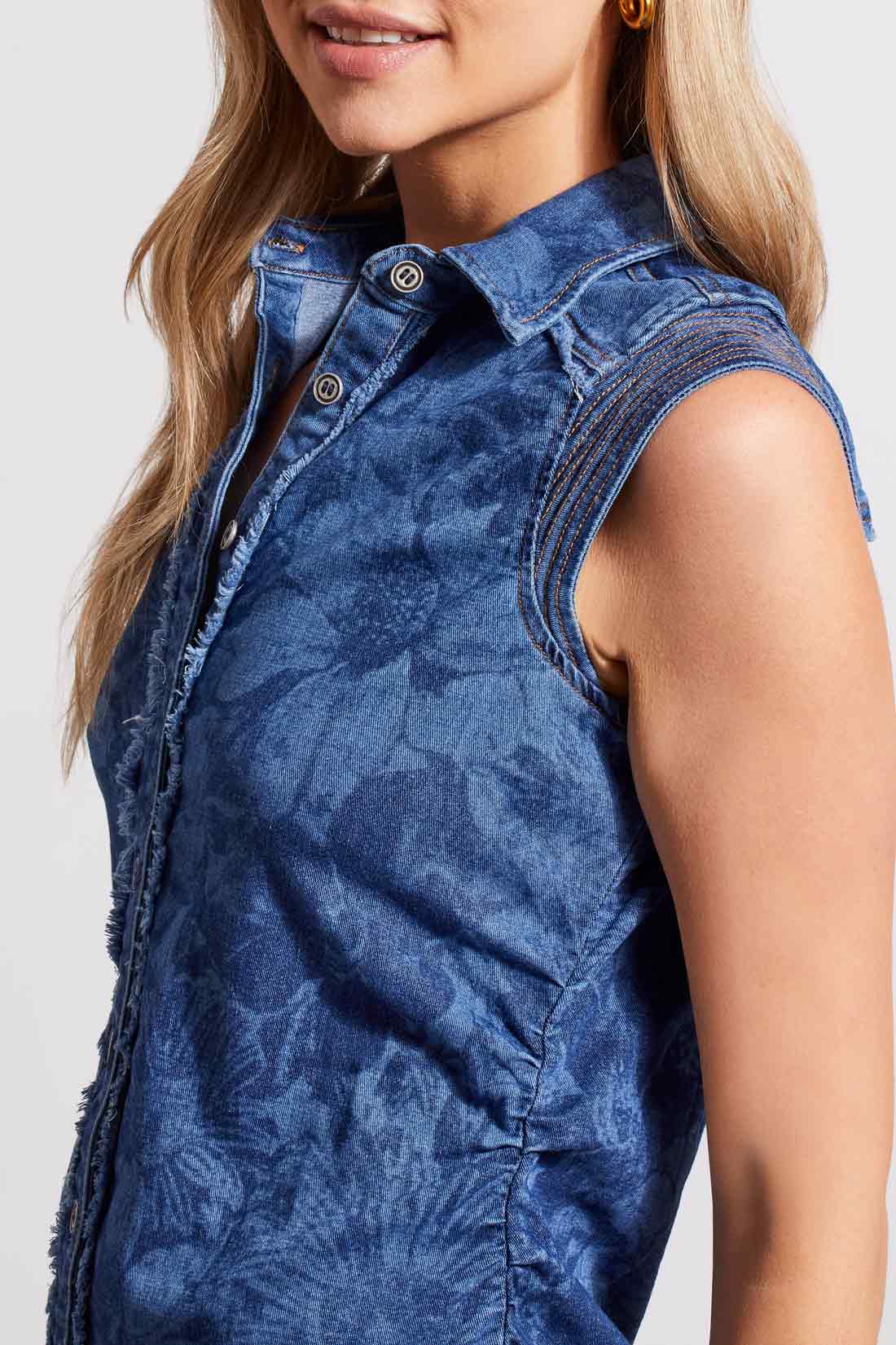 Printed Sleeveless Denim Ruched Dress  Ocean Blue