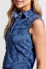 Printed Sleeveless Denim Ruched Dress  Ocean Blue