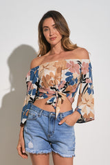Tie Front Off Shoulder Printed Top Blue Polynesia