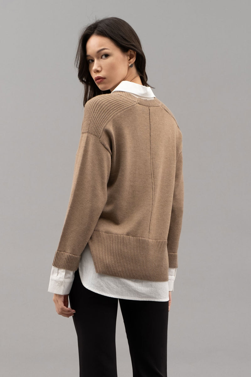 Layered Vneck Long Sleeve Sweater Tan