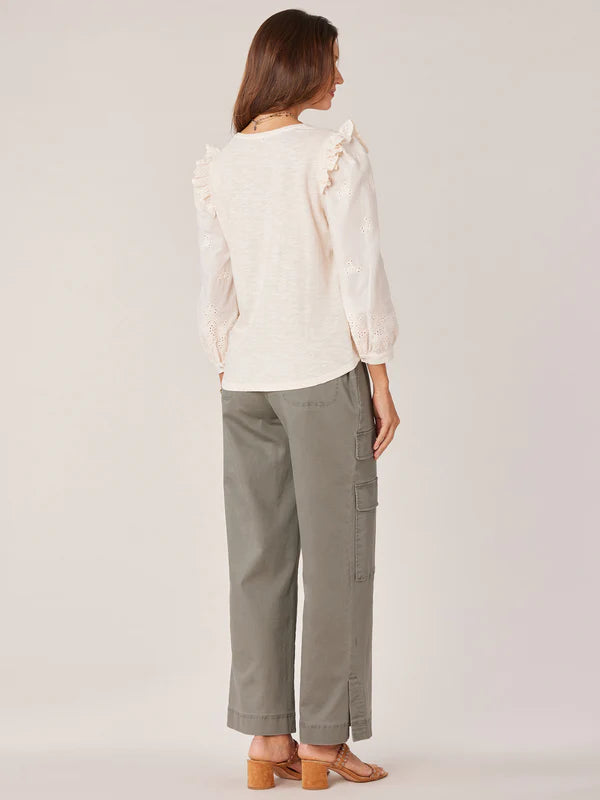Puff Ruffle Long Sleeve Eyelet Details Top Macademia