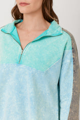 Colorblocked Terry Half Zip Pullover Washed Blue Mix