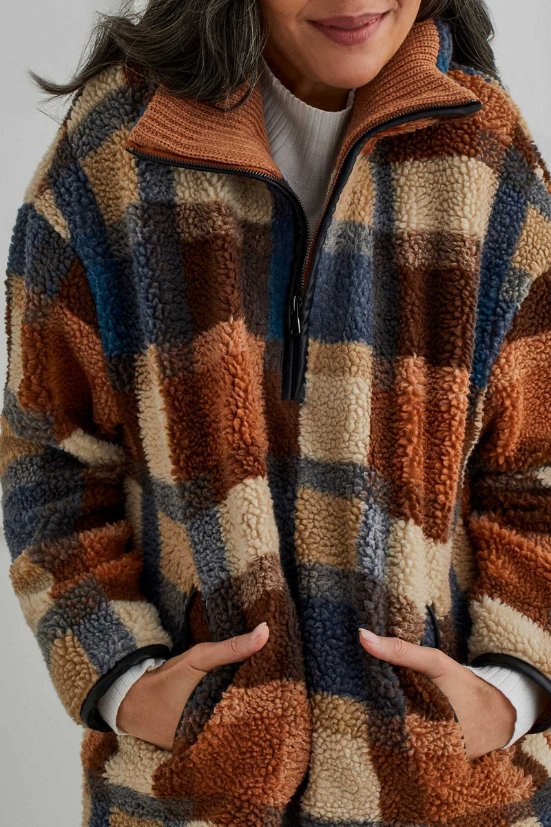 3/4 Zip Printed Sweater Collar Sherpa  Baked Clay