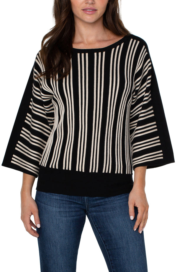Vertical Stripe Detail 3/4 Dolman Sleeve Sweater Black + Ecru Stripe