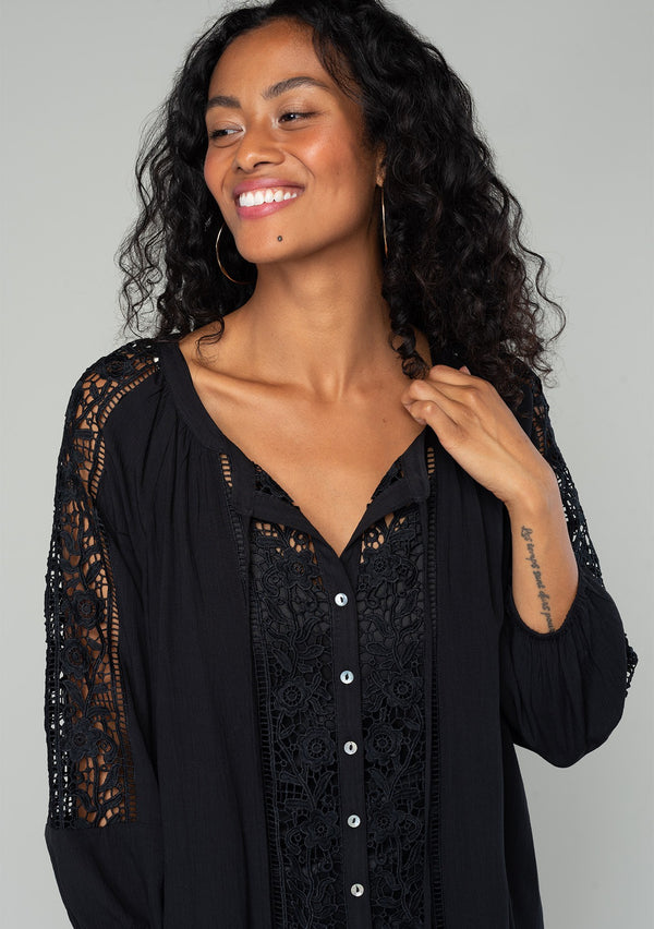 Floral Lattice Trim Split Neck Long Sleeve Blouse