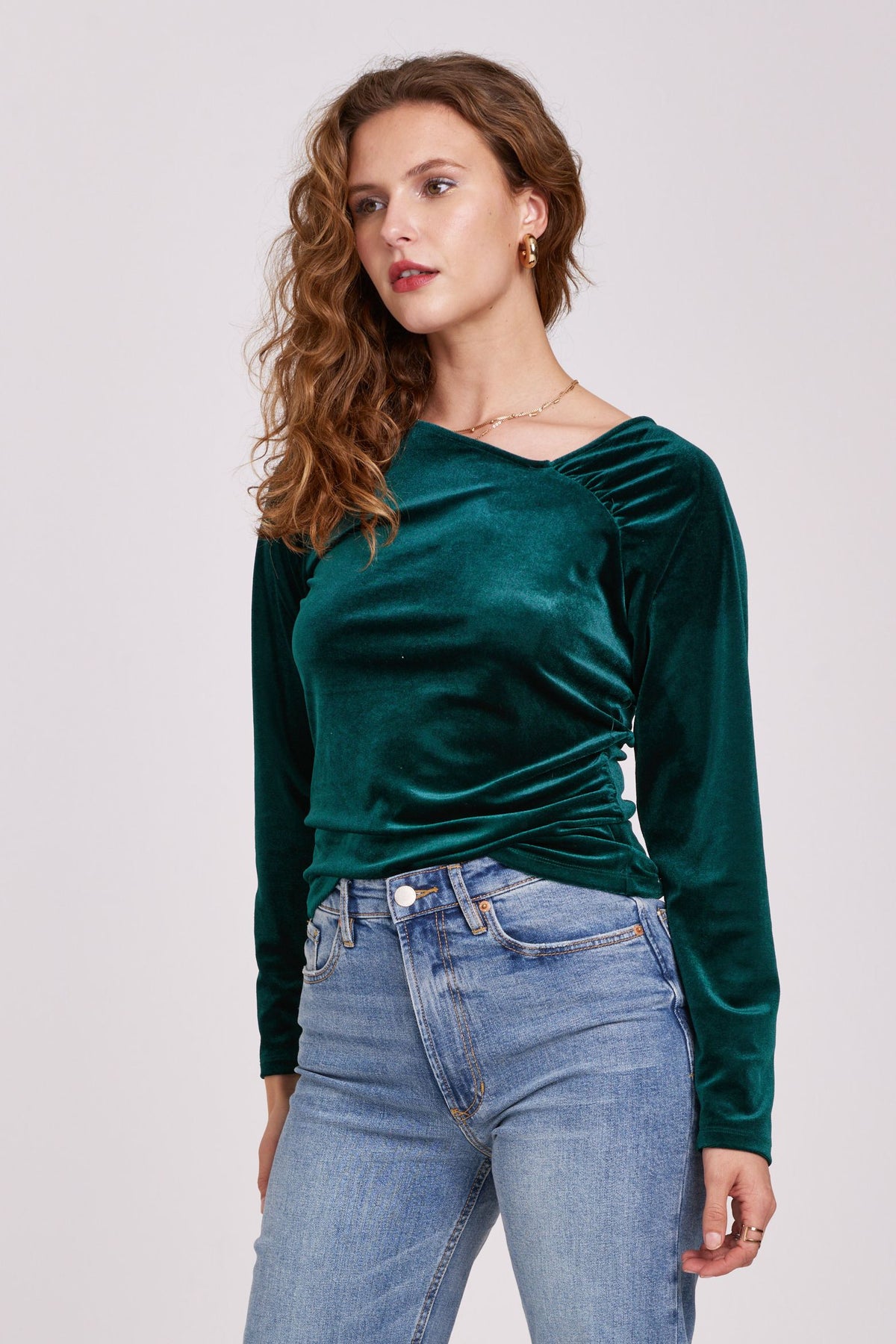 Brielle Asymmetric Neck Velvet Top Forest