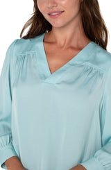 Satin Vneck Ruched Shoulder Blouse Pastel Turquoise