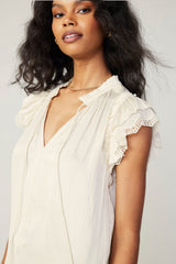 Lace Trim Ruffle Cap Sleeve Blouse Cream