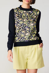 Floral Contrast Sleeve Scallop Neckline Top Black Multi
