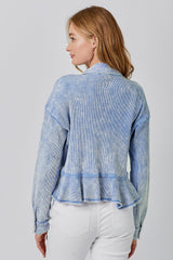 Washed Waffle Knit Ruffle Hem Cropped Jacket Blue
