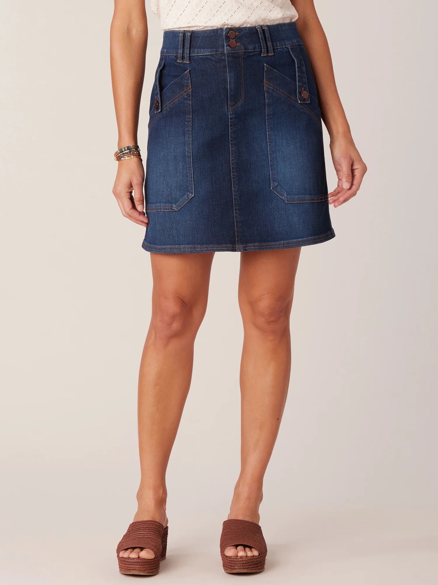 Double Button Patch Pocket Denim Skirt Indigo