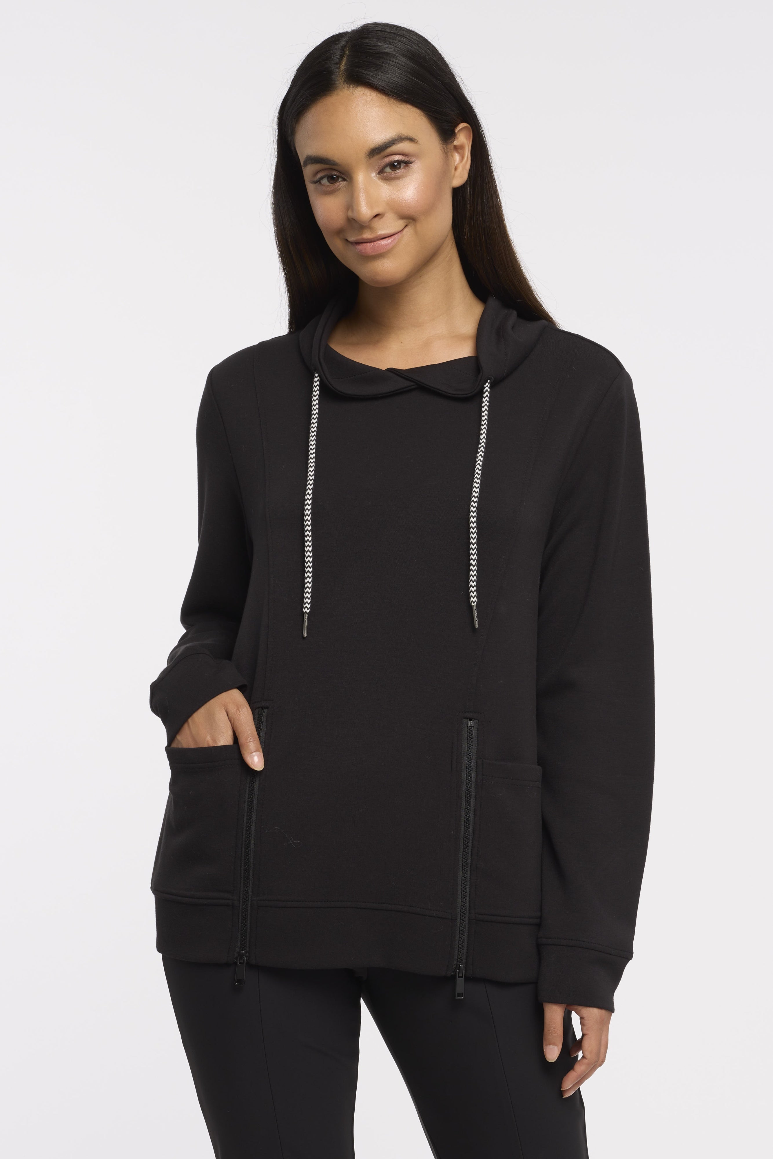 Drawstring Funnel Neck Zip Detail Top Black