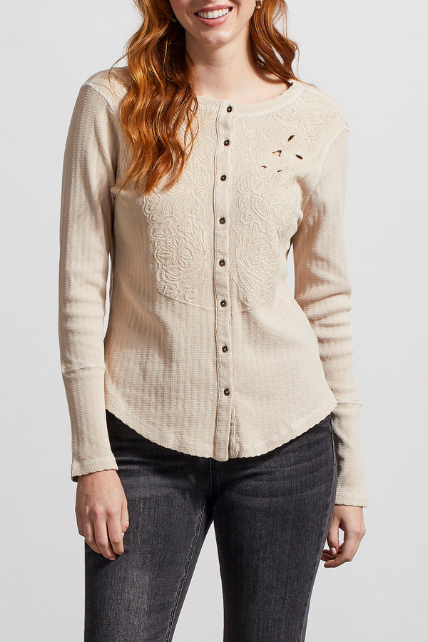 Button Down Embroidered Henley Top Bone