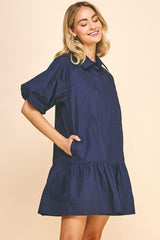 Button Down Ruffle Hem Bubble Sleeve Dress Navy