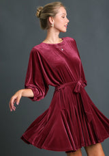 Velvet Round Neck Tie Belt Mini Dress Sangria