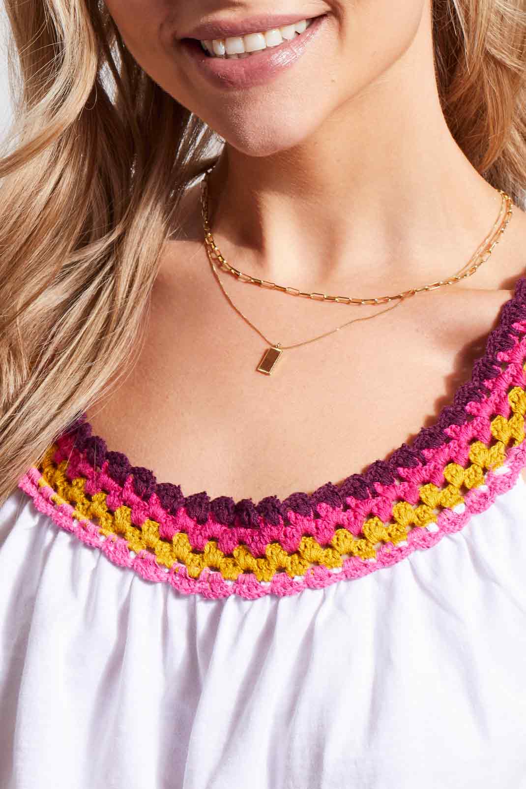 Stripe Crochet Neckline Sleeveless Top White