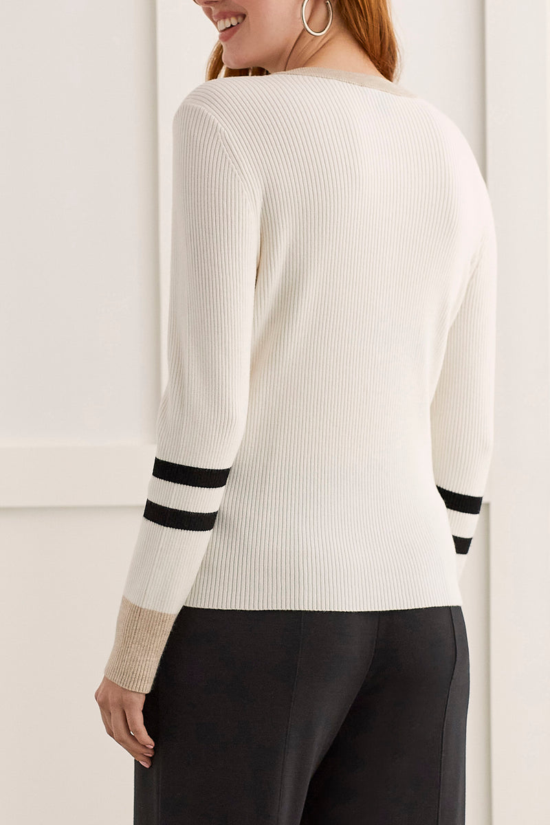 Double Stripe Long Sleeve Henley Sweater Cream