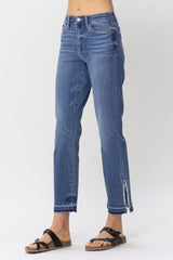 High Waist Fray Slit Release Hem Straight Jean Medium