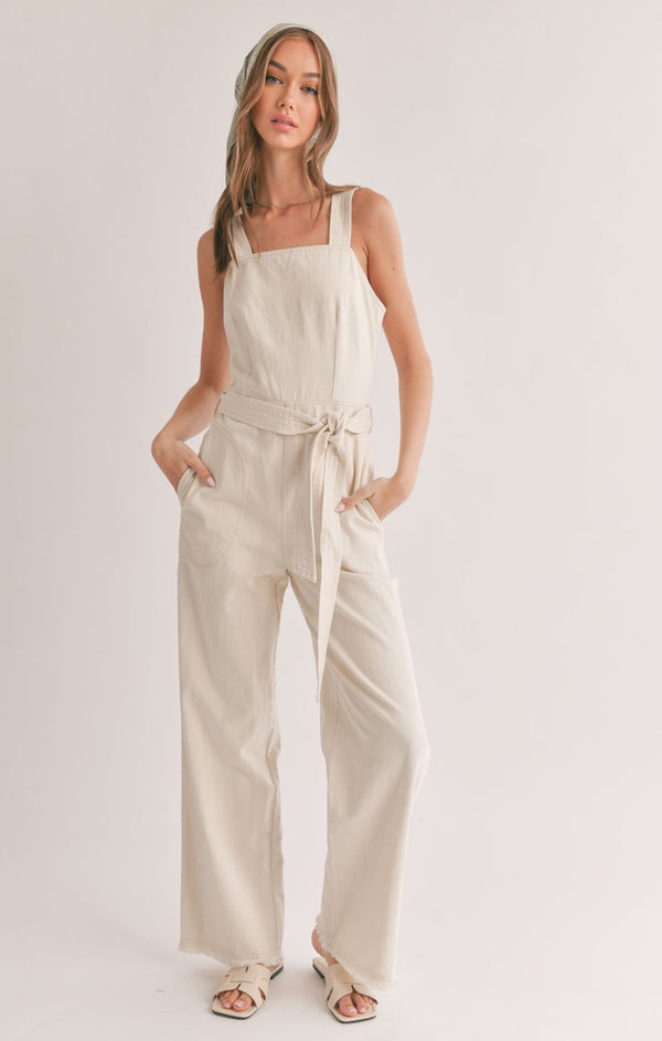 Gia Belted Denim Overall Jumpsuit Oatmeal